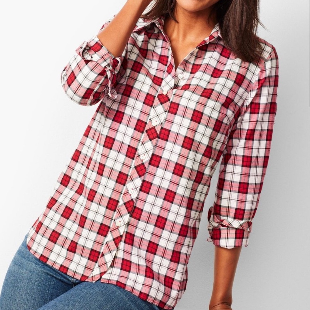 Talbots Red White Shimmer Plaid Check Classic Cotton Button Down Shirt